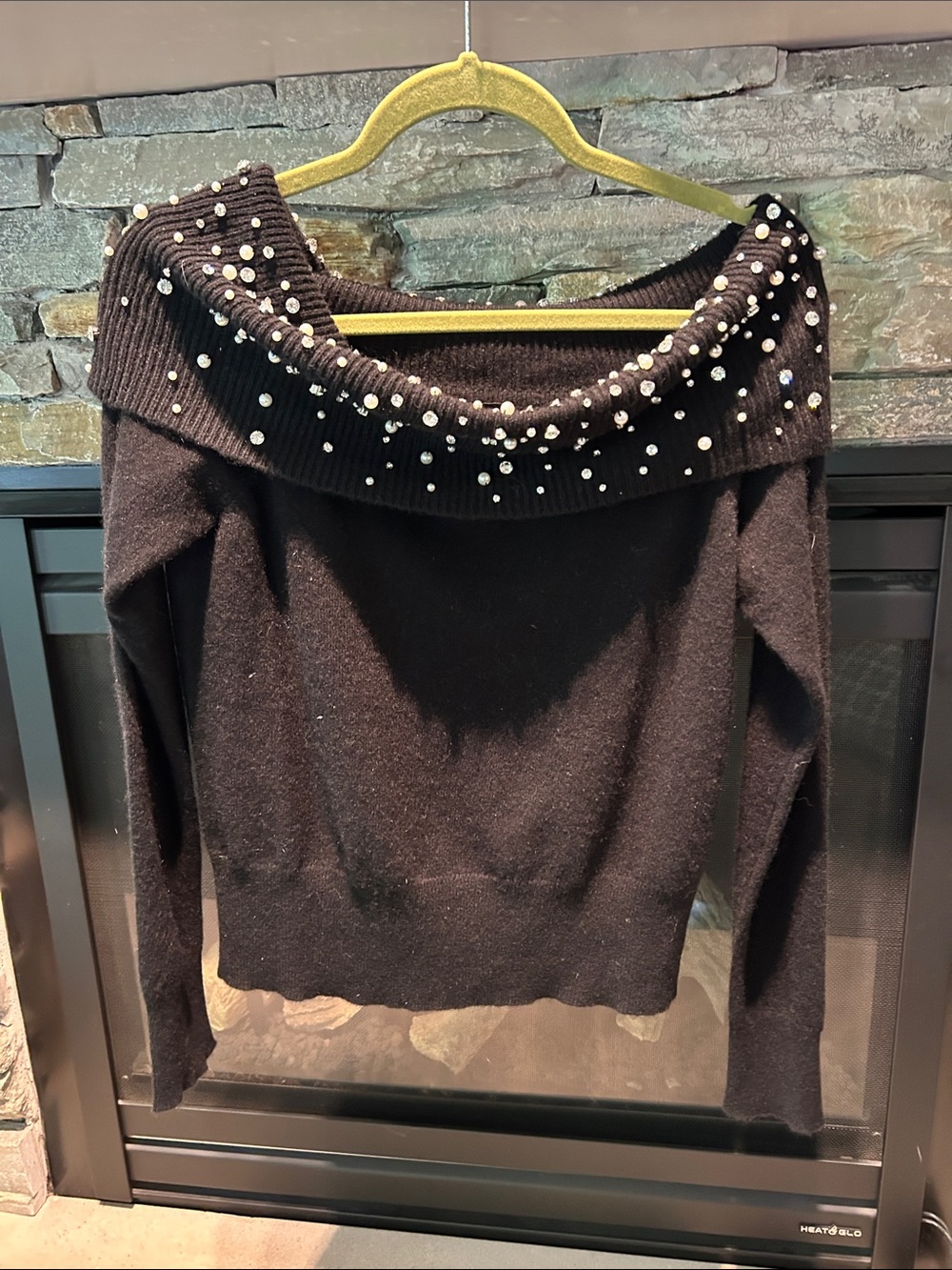 Charter Club Black Off-Shoulder Pearl-Trim 100% cashmere Sweater